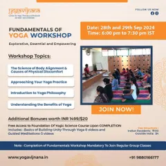 A flyer for the Fundamentals of Yoga Workshop, outlining the key topics covered, such as the science of body alignment, approaching your practice, and an introduction to yoga philosophy.