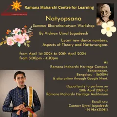 An announcement for our summer Bharathanatyam workshop, Natyopsana. This intensive program, available both in-person and online, allows students to learn new dance numbers, theory, and Nattuvangam, with a chance to perform at the conclusion.
