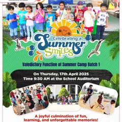 Celebrating a summer of smiles! This poster for our Summer Camp Valedictory Function showcases the joyful culmination of a camp filled with fun, learning, and unforgettable memories.