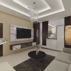 This living room concept shows a floating TV unit against a marble and fluted wood panel wall. The design is completed with a statement crystal chandelier and a compact pooja unit integrated into the corner.