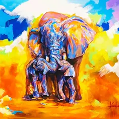 Titled 'Mother Love', this large 5 by 4 feet canvas shows the tender bond between an elephant and her calves. I used an abstract and colorful approach to convey emotion and the majesty of these incredible animals.