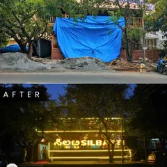 The before-and-after of the Silbatti restaurant in Bangalore. My team and I designed and built this entire two-story structure from the ground up using bamboo, showcasing our unique expertise in sustainable and custom architectural construction.