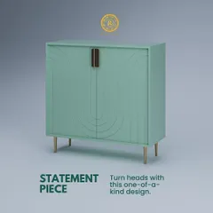 This mint green console is a true statement piece. The arched, embossed pattern on the doors and delicate legs create a one-of-a-kind design that is sure to turn heads.