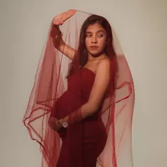 There is such power and grace in this journey. This portrait, with the deep red veil, is about celebrating the mother's strength and the timeless, artistic beauty of pregnancy.