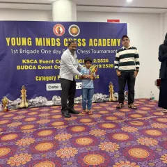 Master Saksham receives his 2nd prize trophy in the Under-11 category at the 1st Brigade Rapid Chess Tournament. Congratulations on a well-played tournament!