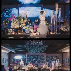 For our interstellar sangeet, we went all in. The decor featured astronauts, ice sculptures, a rocket engine-inspired centerpiece, and deep-space florals under a galaxy-lit ceiling.