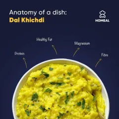 This is the anatomy of our Dal Khichdi, a perfect one-pot meal. It's a balanced source of protein, healthy fats, and fiber, making it the ultimate comfort food that's also great for you. It’s a hug in a bowl, made just like mom does.