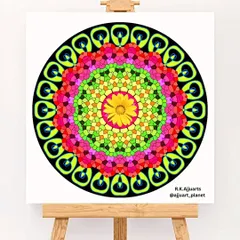 A very vibrant and colorful mandala painted on canvas. The bright yellow, pink, and green colors are chosen to create a feeling of happiness and energy, making it a cheerful piece of wall art.