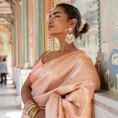 Another beautiful shot of our baby pink Banarasi silk saree. The traditional weave and soft color are timeless.