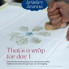 "That's a wrap for day 1." A shot of a freshly block-printed fabric, summarizing the creative activities of the first day of our Artistry Avenue event and inviting guests for more.