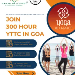 An invitation to join our 300-hour YTTC in Goa. This poster features students practicing by the ocean, highlighting the beautiful and inspiring setting for your advanced studies.
