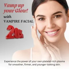 Experience the power of your own platelet-rich plasma with our Vampire Facial. This treatment promotes smoother, firmer, and younger-looking skin, and is currently available with a 20% discount.