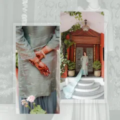 A creative collage showing a woman on her engagement day, with close-ups of her henna-adorned hands and a full-length shot against an elegant doorway.