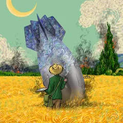 A surreal commentary on war and peace. Vincent stands in a golden wheatfield, looking at a massive bomb that has landed without exploding, its metal shell decorated with the swirls of his "Starry Night." It juxtaposes the beauty of art with the ugliness of destruction.