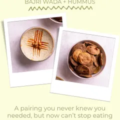 A snack pairing you never knew you needed: my Bajri Wada with hummus. This polaroid-style image suggests a fun and delicious combination you won't be able to stop eating.