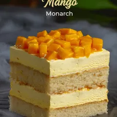 The Mango Monarch is a layered pastry celebrating the king of fruits. It features soft vanilla sponge alternating with creamy mango mousse and is generously topped with fresh mango chunks.