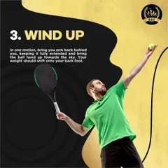 Step three is the wind-up. This motion involves bringing your arm back in a full extension, shifting your weight to your back foot as you prepare to toss the ball and generate momentum for the serve.