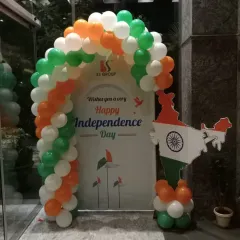 This entrance setup for SS Group's Independence Day event features a full tricolor balloon arch. I also provided a custom welcome banner and a cutout of the map of India to create an impactful welcome for employees and visitors.