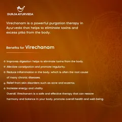 Virechanam is a powerful purgation therapy that eliminates toxins and excess Pitta from the body. It improves digestion, alleviates constipation, reduces inflammation, and increases overall energy and vitality.