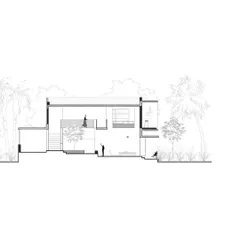 A sectional drawing of the Aayi House, illustrating the design's focus on natural ventilation and visual connectivity between spaces.