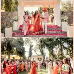The bride's entrance during a daytime ceremony, with guests showering her with flower petals. This collage captures the love and blessings of the family.