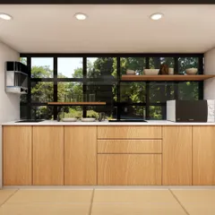 This 3D render shows a clean and modern office pantry design. Visualizing this space helps in planning the layout of cabinets, appliances, and workflow for maximum convenience for employees.