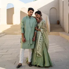 Perfect for a daytime event, this couple is styled in coordinating mint green. Her elegant lehenga with a detailed dupatta complements his modern layered kurta perfectly.