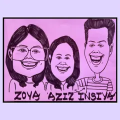 A group caricature of three friends, Zoya, Aziz, and Insiya, from an event in Vidyavihar. Group drawings are a great way to capture shared memories.