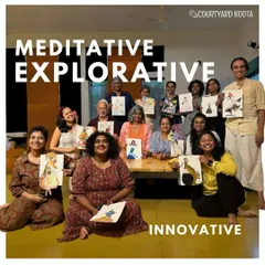 A joyful group photo from our "Meet Gustav Klimt" self portrait workshop with artist Indu Harikumar. Participants hold up their creative portraits, reimagined in the opulent style of Klimt's Golden Period.