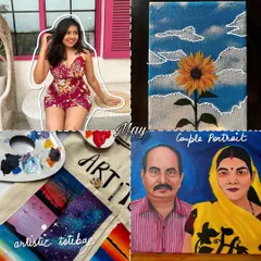 My photo recap from May. This collage highlights a variety of my work from that month, including a sunflower canvas, a custom tote bag, and a painted couple portrait.