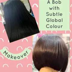 A classic bob gets a modern update with a subtle global color. We transformed long hair into this sharp, chic bob and applied a single rich color for a timeless and sophisticated finish.