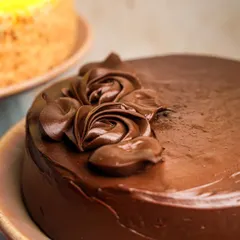 A close-up on the rich, glossy chocolate frosting of a cake. The focus here is entirely on the texture and the beautiful, handcrafted chocolate roses on top.