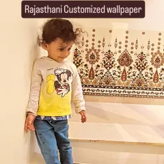 A sample of our Rajasthani-themed custom wallpaper, featuring intricate block-print style borders. This type of design is perfect for adding a touch of ethnic elegance to any room.