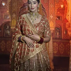 This model is posing against one of our popular Rajasthani-themed backdrops. We have multiple options to help you create different moods and settings for your portfolio.