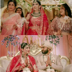 A collage capturing the bride's grand entrance and a serene moment of the couple seated together, greeting their guests with a 'namaste'.