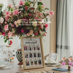 A small but impactful detail: a memory board with polaroid photos of the couple. This is the secret to a luxury wedding, creating moments that are personal and heartfelt.