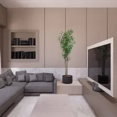 A 3D render of the guest room, showing the TV oriented towards the lounge area. These visualizations are crucial for refining the layout, materials, and overall feel of the space before any construction begins.