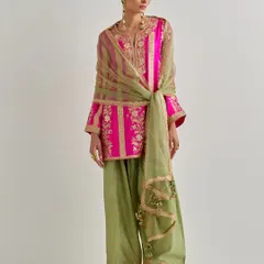 A full view of the fuchsia and olive green embroidered kurta set, showcasing the elegant silhouette and the beautiful drape of the organza dupatta.