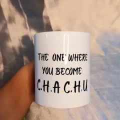 A close-up of the custom "Friends" themed mug I made for a pregnancy announcement. It's a fun and personal way to share the exciting news with a future uncle.