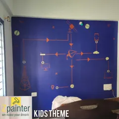 A unique kids' room theme featuring a technology and connectivity diagram in orange on a deep blue wall. This is a great example of a modern, educational design.