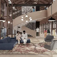Our award-winning concept for the adaptive reuse of the Solina Silk Factory in Srinagar. The design transforms the historic industrial building into a vibrant cultural center, with a spiral staircase connecting open, multi-functional spaces.