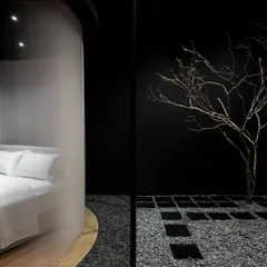 This composition illustrates our core concept of discovery. The product, a finely dressed bed, is partially revealed through a translucent veil, juxtaposed with the sculptural, organic form of a bare tree at the entrance, blending the commercial purpose with a natural, calming aesthetic.