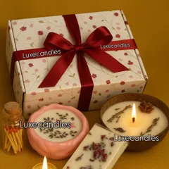 I love putting together gift hampers that feel special and personal. This one features a mix of my favorite eco-friendly and decorative pieces, including a coconut shell candle, a fragrant wax bar, and a lotus candle, all beautifully boxed and ready to gift for Diwali, weddings, or just to make someone's day.