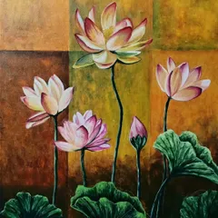 A 2.5x2 ft oil painting of lotus flowers against a warm, checkered background. This piece combines the spiritual symbolism of the lotus with a modern, graphic composition.
