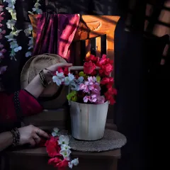 An artistic composition featuring hands arranging flowers in a wooden bucket, with dramatic shadows creating a "chiaroscuro" or light-dark effect.