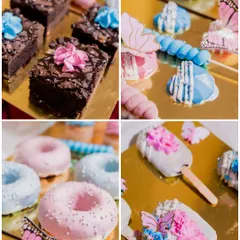 A collage of our butterfly-themed desserts. We created custom brownies, cakesicles, donuts, and chocolate-covered Oreos for this magical baby shower.