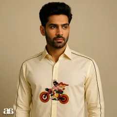 A portrait shot of the cream cyclist shirt, highlighting how the design sits on the body. It’s a fun yet sophisticated piece for any man's custom wardrobe.