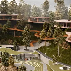 In our "Hillucinations" resort in Himachal, we envisioned villas as cantilevered discs that float among the pine trees. A winding skywalk connects the structures, turning the journey into an enchanting experience where architecture and nature coexist in perfect harmony.