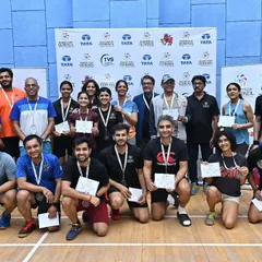 A group of adult winners and participants from our MCA tournament. We successfully organize corporate and adult badminton leagues that build community.
