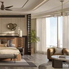 A dedicated seating area by the large window creates a perfect spot for morning coffee or quiet reading. The design ensures the bedroom is not just for sleeping but is a multi-functional space for relaxation, complete with a stylish armchair and a modern chandelier.